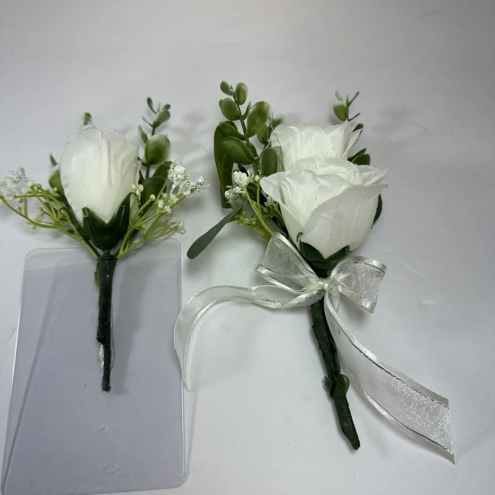 Corsage and Boutonniere Set Cream Ivory Roses Baby's Breath Greenery‎ Handmade